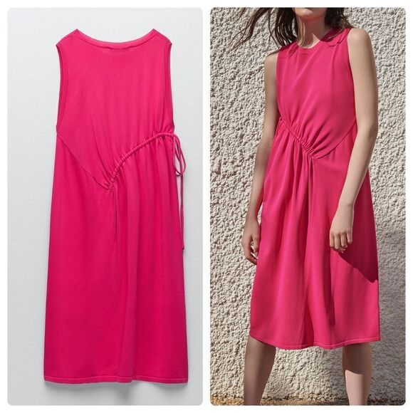 Zara Knit Ruched Dress Fuchsia Barbiecore Barbie Core - Picture 1 of 8